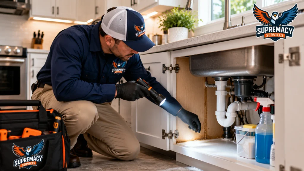 Pest-control technician inspecting plumbing and cabinet areas beneath a kitchen sink for pest activity