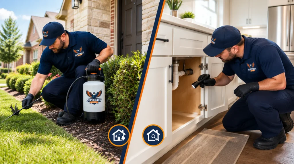Comparison of exterior perimeter pest control and targeted indoor pest inspection at a North Texas home.