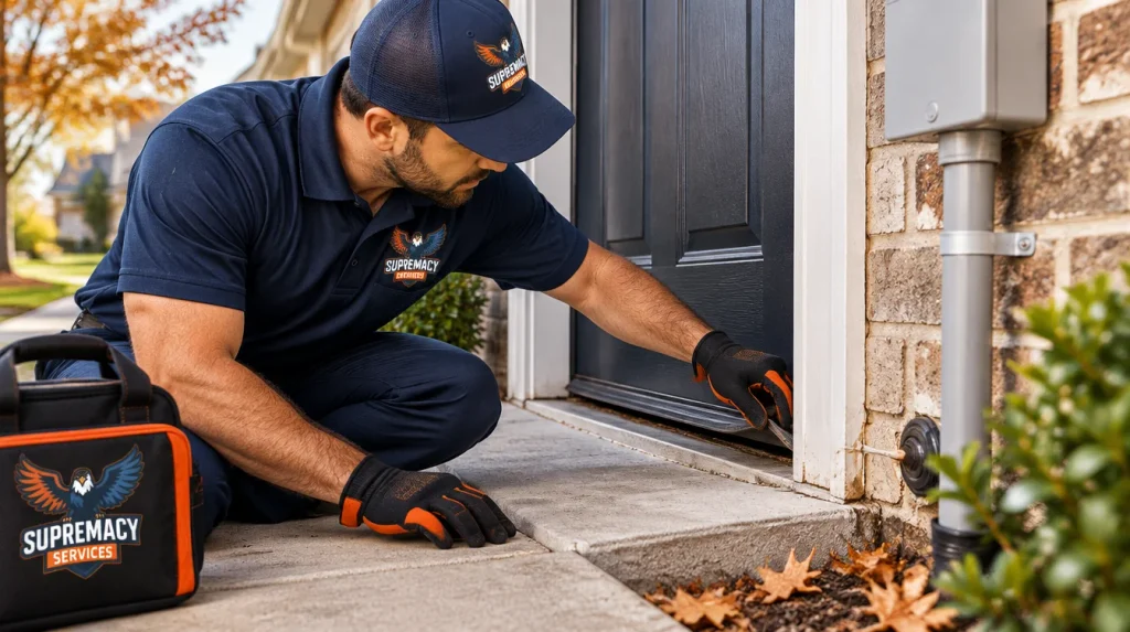 Supremacy Services technician inspecting exterior door and foundation gaps for possible pest entry