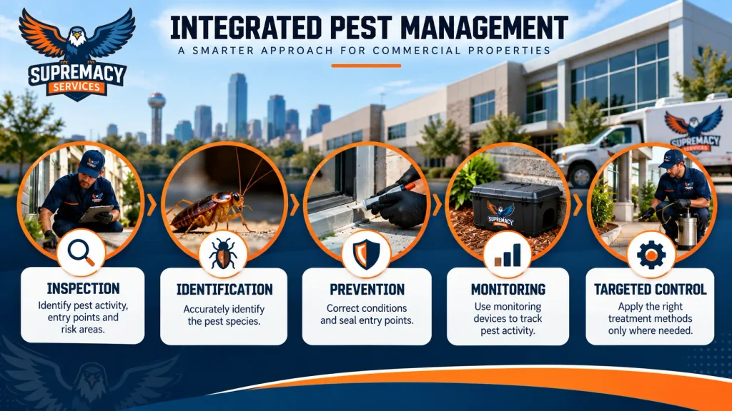 Commercial Integrated Pest Management process showing inspection, identification, prevention, monitoring and targeted contro