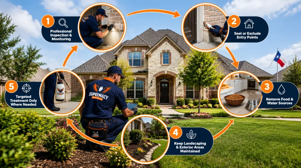 Integrated pest management illustration showing inspection, exclusion, sanitation, monitoring and targeted pest treatment around a North Texas home.