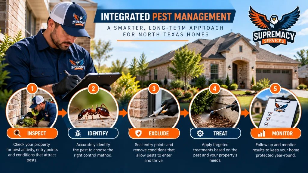 Five-step pest management process showing inspection, identification, exclusion, targeted treatment and monitoring