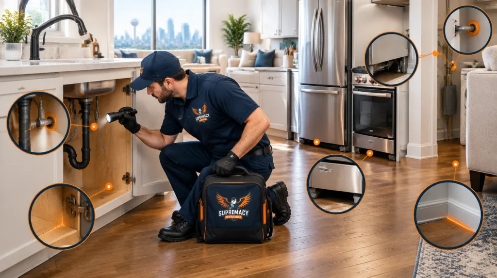 Interior pest control inspection and targeted treatment areas in a Dallas home kitchen