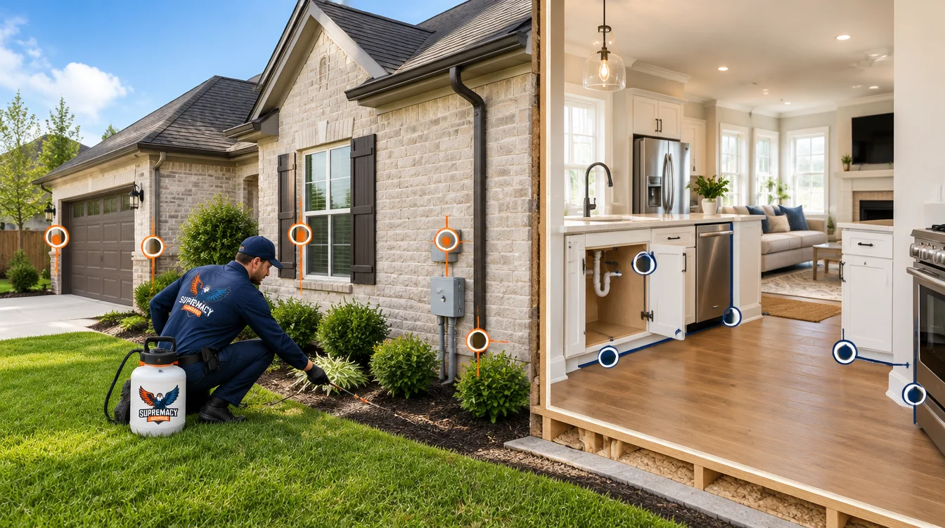 Interior and exterior pest control treatment areas around a Dallas, TX home