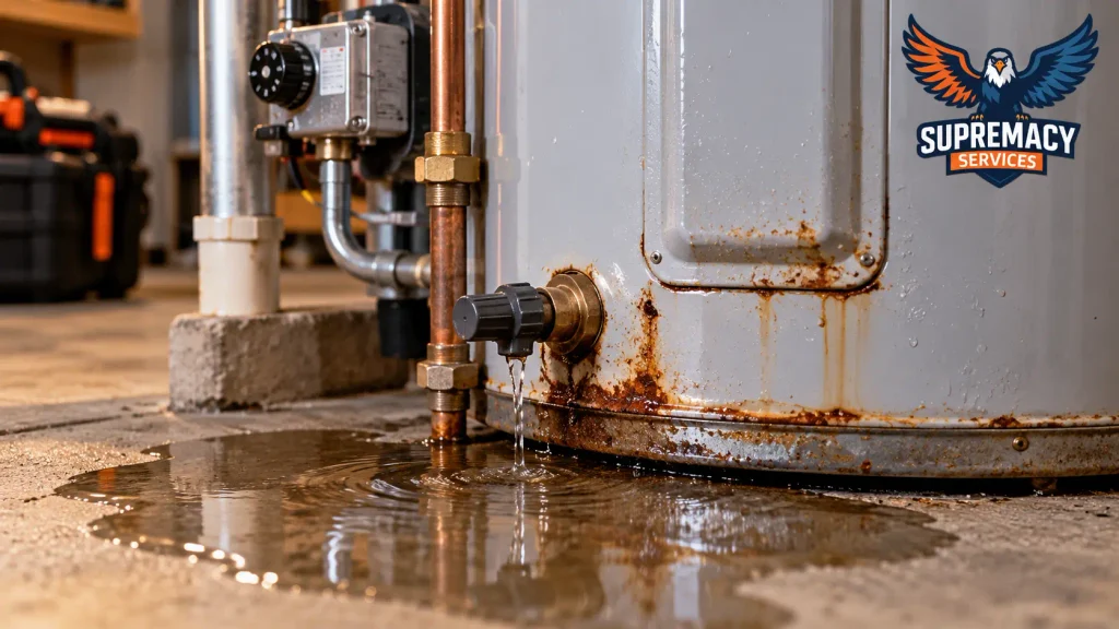 Water leaking from a corroded residential water heater and pooling on the floor