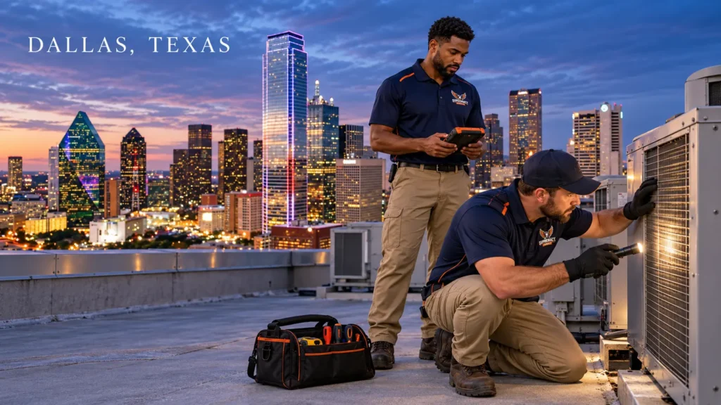 Dallas, Texas — featuring your skyline reference at dusk, Supremacy technicians inspecting rooftop HVAC equipment, and small logo patches on their uniforms.