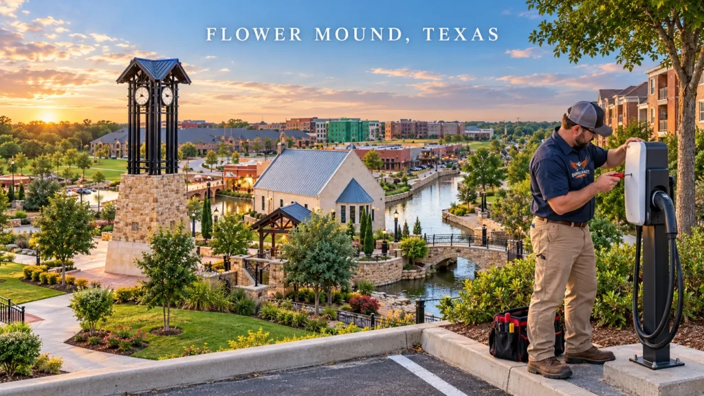 Flower Mound — EV charger installation. The River Walk setting takes the lead, with the clock tower, chapel, and waterway clearly visible