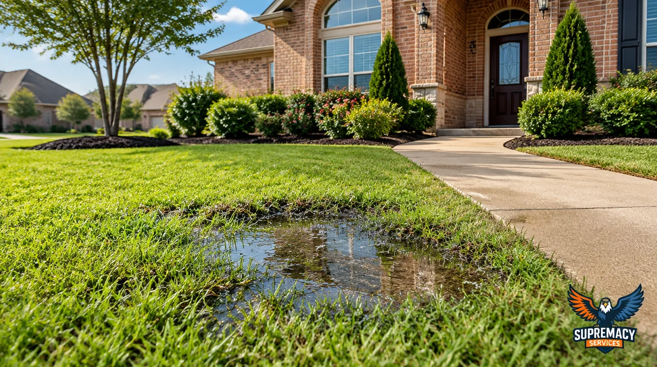 Wet front lawn outside a Dallas home showing possible signs of an underground main water line leak.