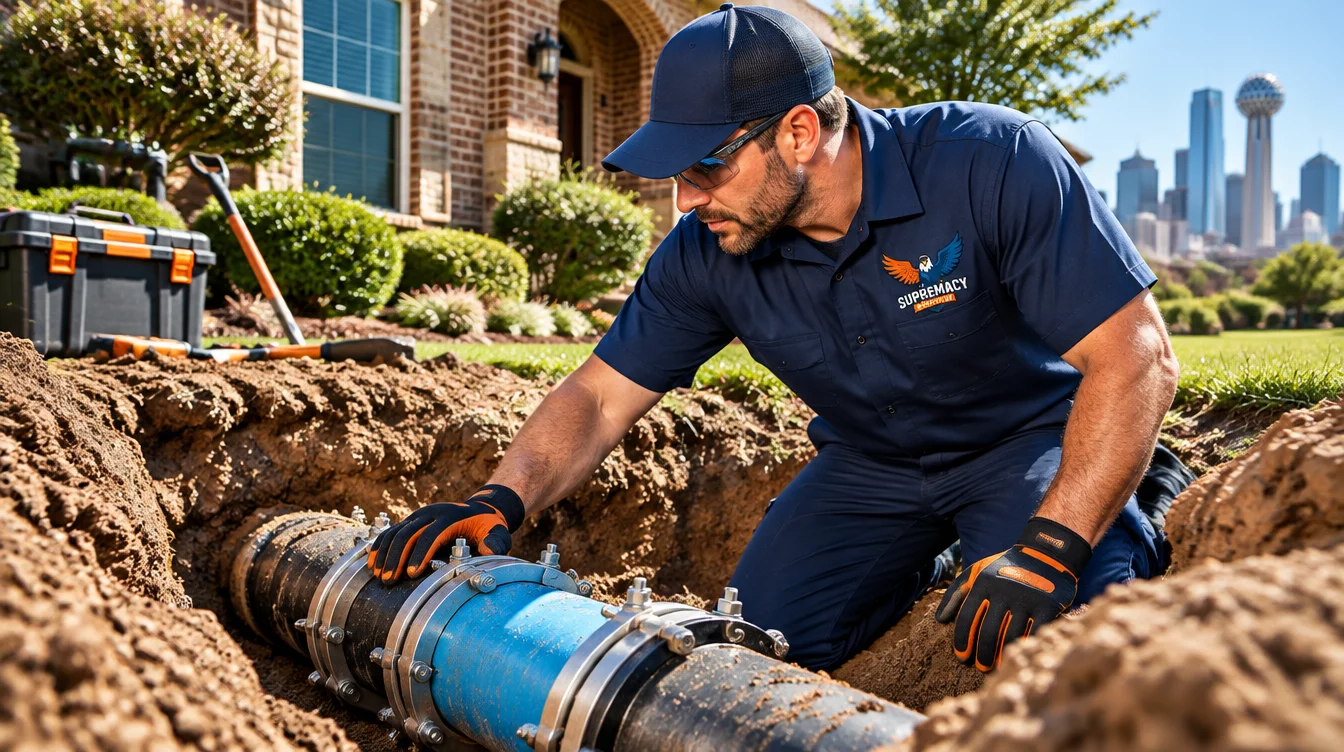 Professional plumber inspecting an exposed underground main water line outside a residential home in Dallas, Texas.