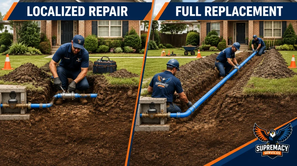 Side-by-side illustration comparing localized underground water line repair with complete residential main water line replacement.