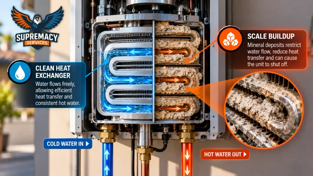 Clean and mineral-scaled tankless water heater heat exchangers showing restricted water flow from scale buildup
