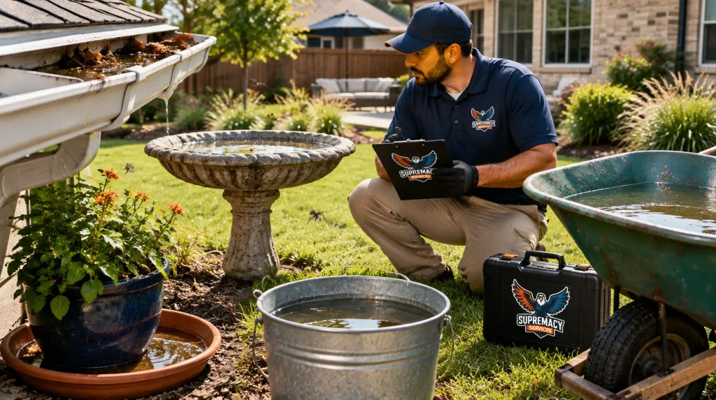 Standing water in gutters, plant saucers, birdbaths and containers around a Dallas backyard that can support mosquitoes