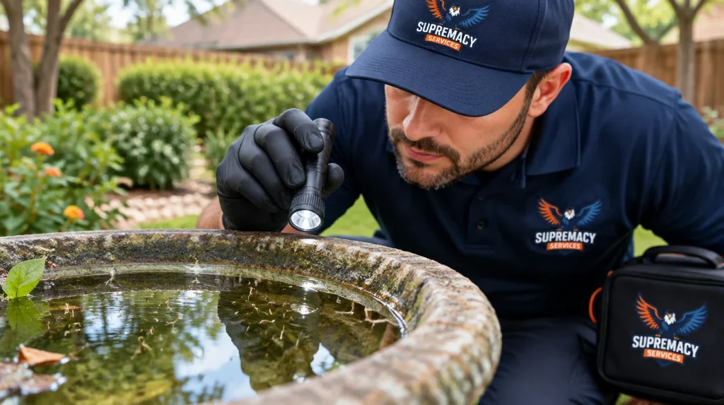 Mosquito larvae developing in standing water in a North Texas backyard