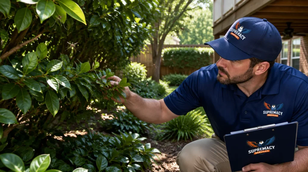 Mosquitoes resting around dense shaded shrubs and landscaping at a North Texas home