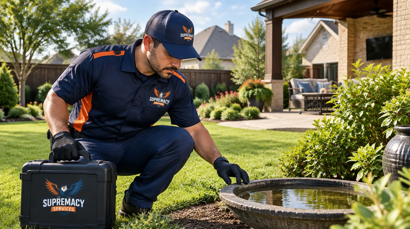 Pest control technician inspecting a North Texas backyard for mosquito activity