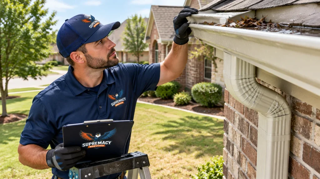 Supremacy Services technician inspecting a Dallas home gutter for trapped water and mosquito breeding conditions