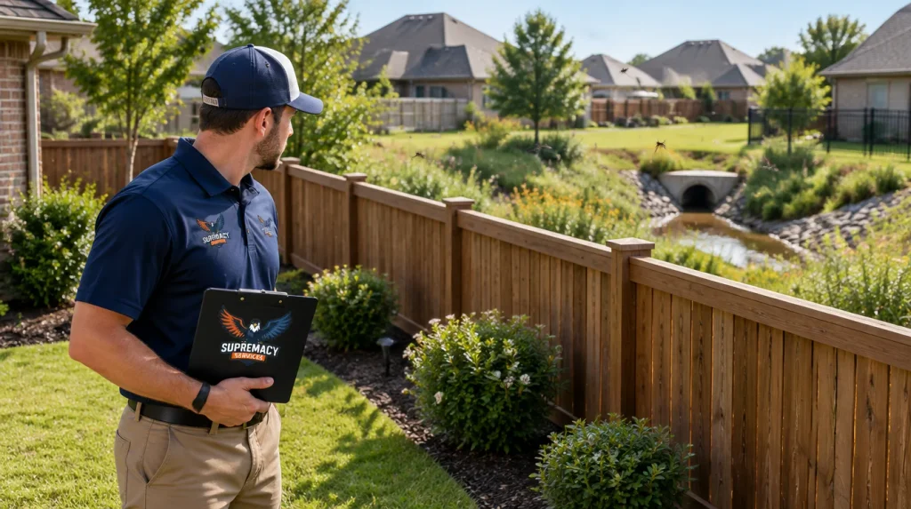 Mosquitoes moving toward a Dallas backyard from nearby landscaping and neighborhood drainage areas