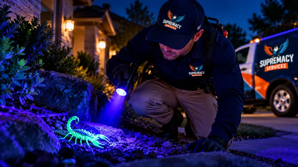 Pest-control technician using ultraviolet light to locate a fluorescing scorpion outside a Dallas-Fort Worth home