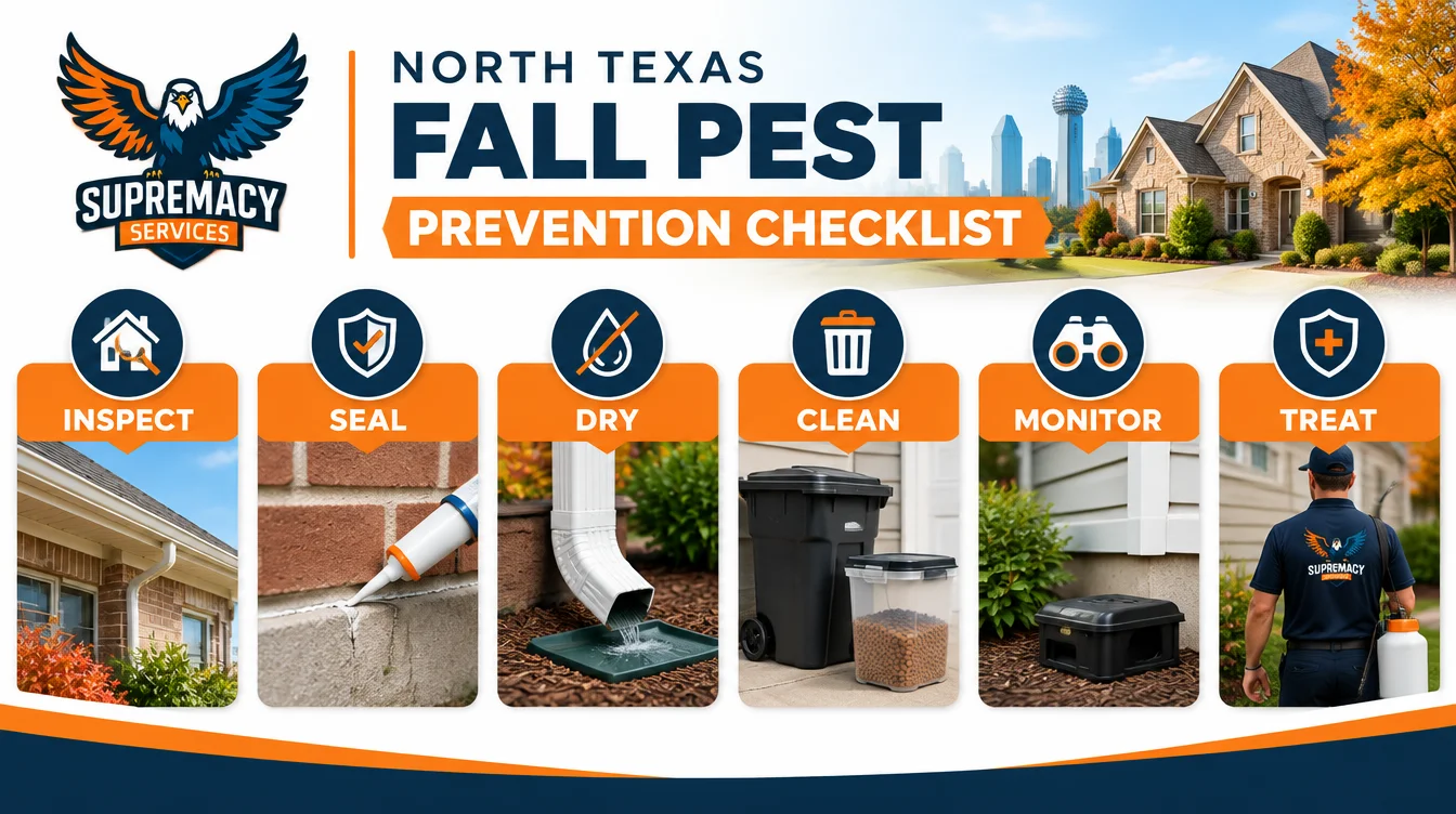 Pest control technician inspecting a North Texas home exterior for fall pest entry points