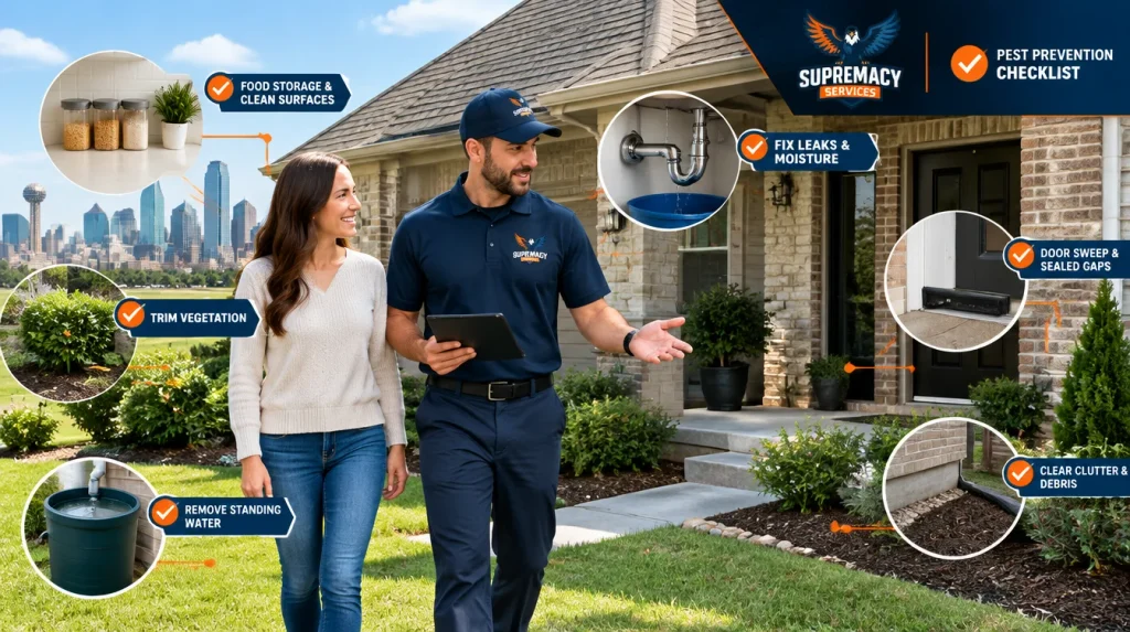 Home pest prevention checklist showing sealing gaps, moisture control and exterior maintenance in North Texas
