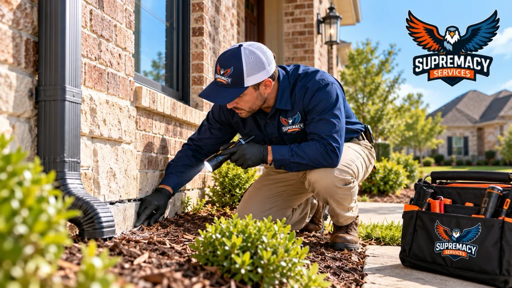 Supremacy Services technician inspecting foundation gaps and exterior pest entry points at a North Texas home