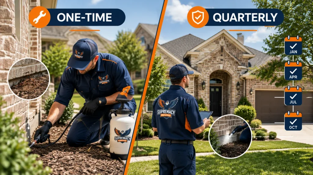 Comparison of a one-time pest treatment with recurring quarterly pest control for North Texas homes.