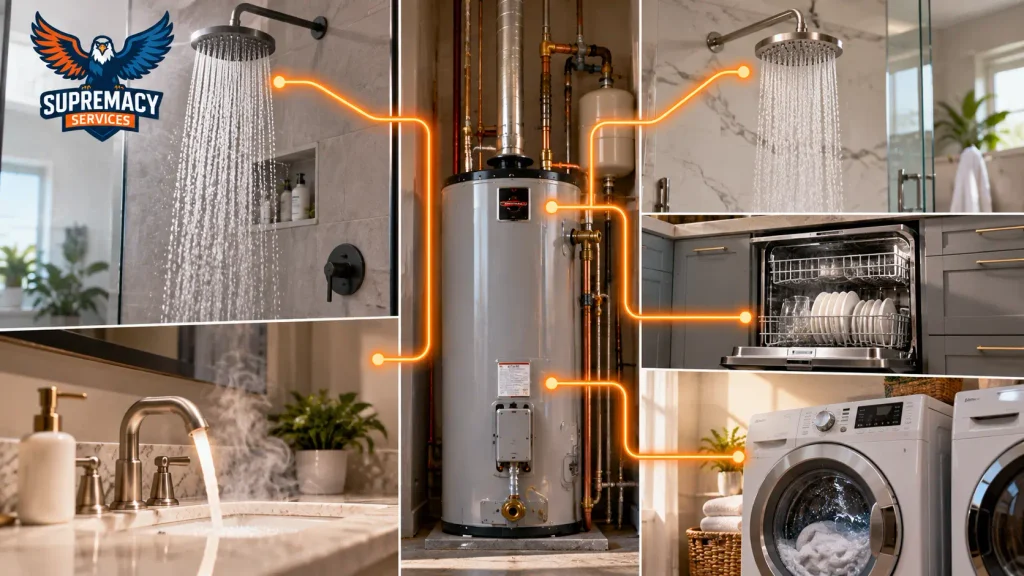 Water heater supplying two showers, a sink, dishwasher, and washing machine at the same time