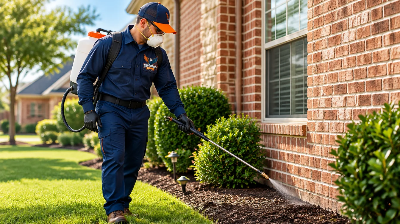 Pest control technician applying exterior perimeter treatment along the foundation of a brick home in Dallas, Texas.