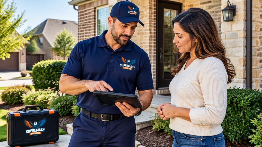 Homeowner reviewing pest inspection findings and prevention recommendations with a pest control technician in North Texas.