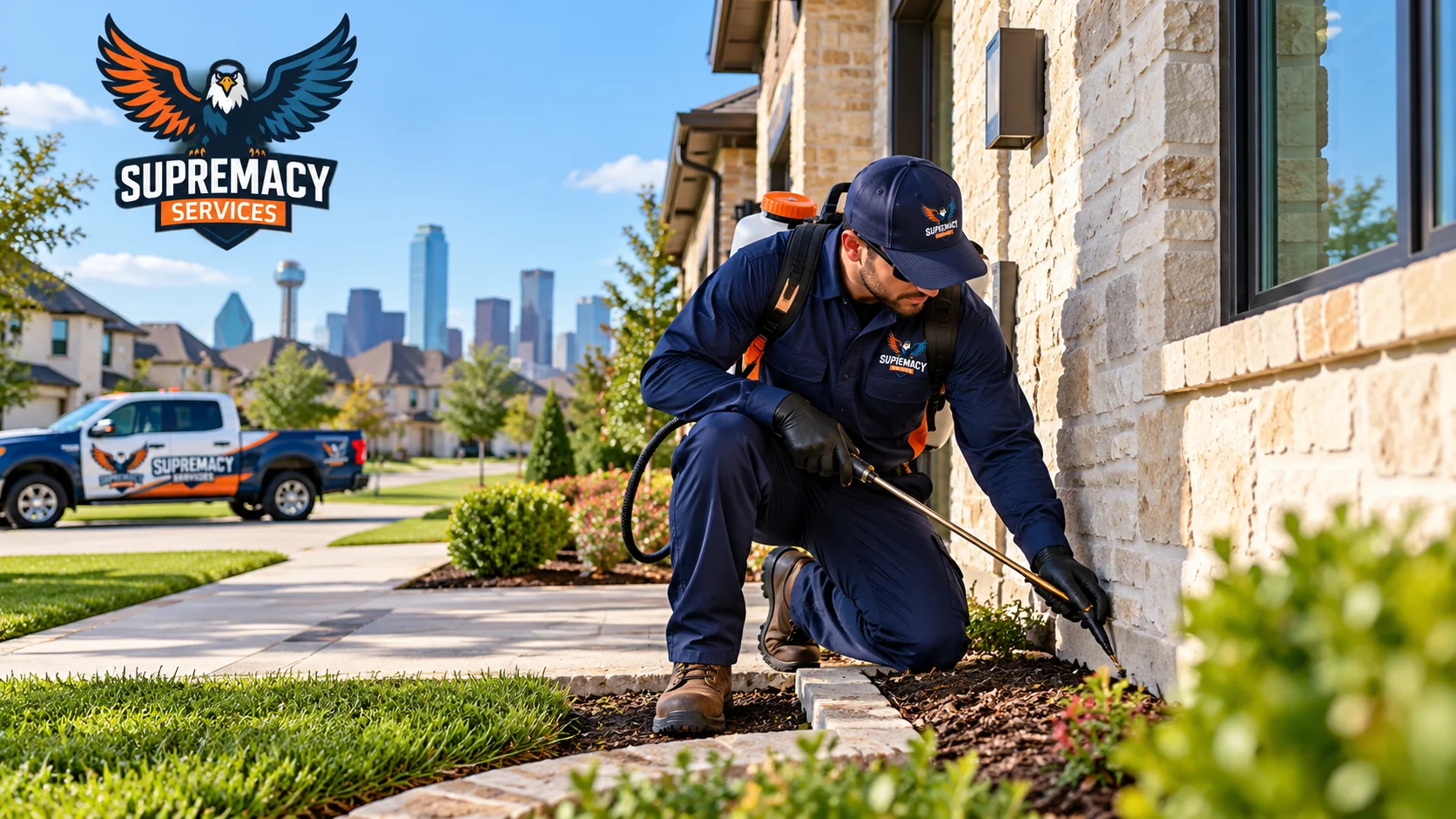 Pest control technician treating the exterior foundation of a North Texas home