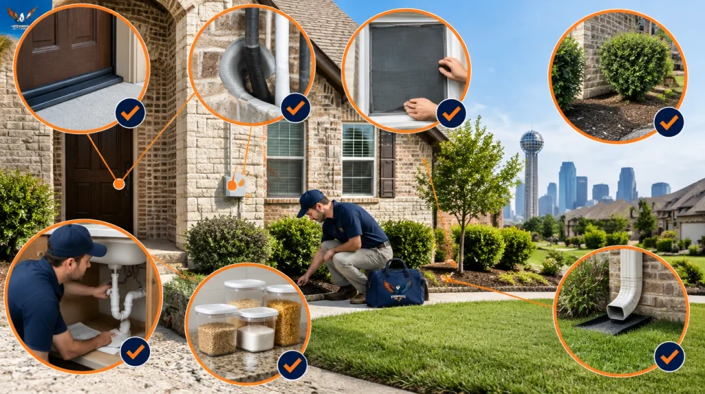 Pest prevention measures including sealing gaps, trimming vegetation and controlling moisture around a North Texas home