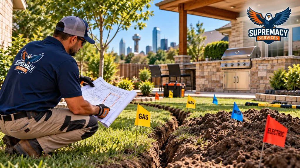 Technician reviewing plans beside utility-location flags and a trench leading toward a residential outdoor kitchen.