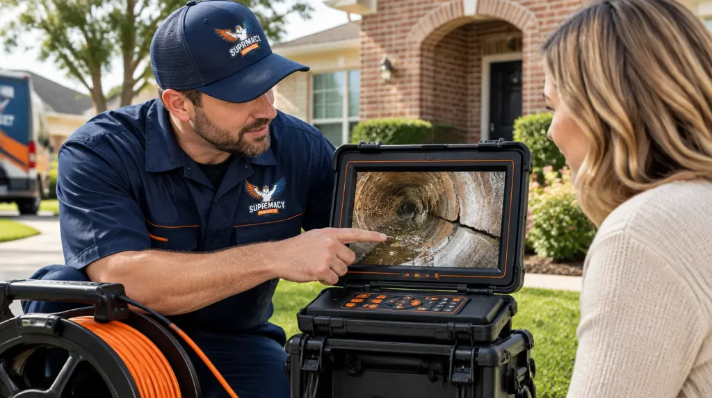 Professional plumber reviewing sewer camera inspection footage with a Dallas homeowner and explaining visible sewer pipe damage.