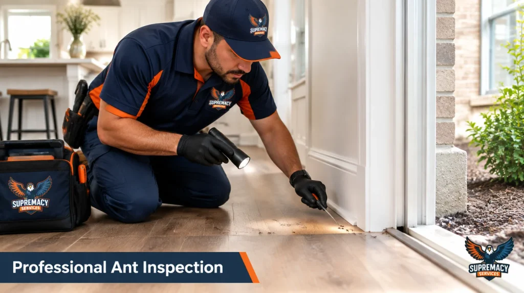 Pest control technician inspecting a Dallas home for signs of an ant infestation