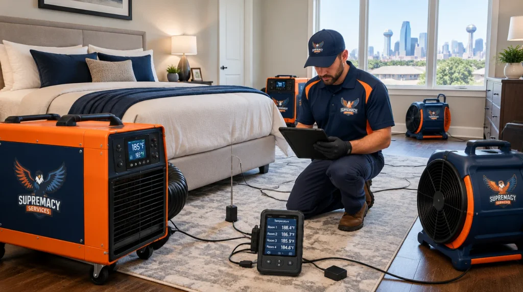 Supremacy Services technician monitoring professional bed bug heat-treatment equipment in a Dallas-Fort Worth bedroom