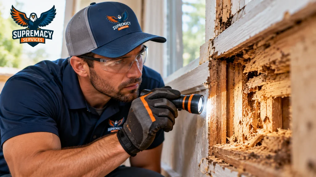 Pest-control technician inspecting damaged wood for carpenter ant or termite activity