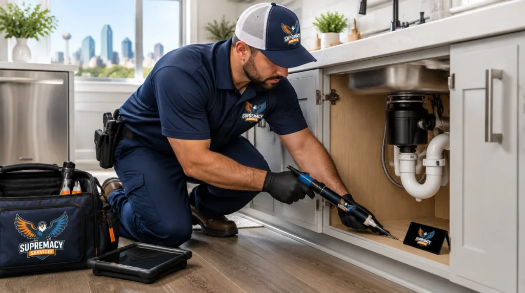 Pest control technician applying targeted cockroach treatment in a Dallas area kitchen