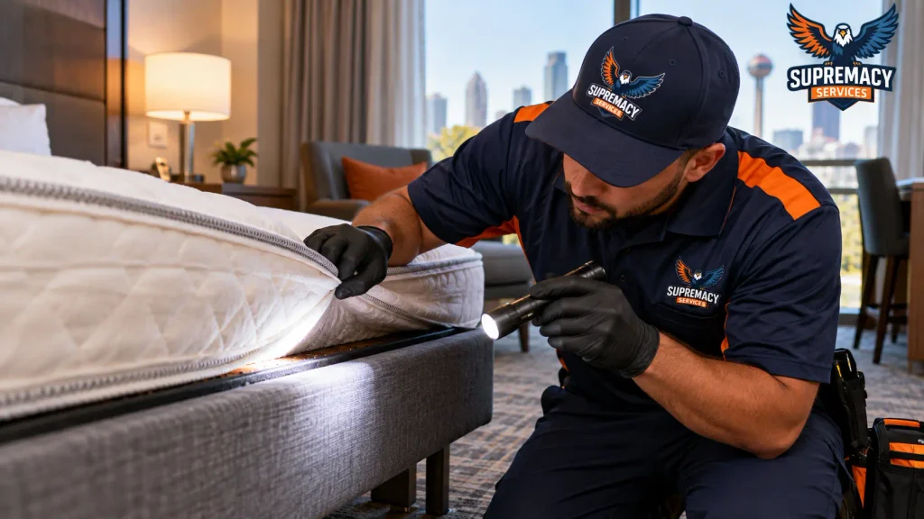 Pest control technician inspecting mattress seams for bed bugs in a Dallas commercial property