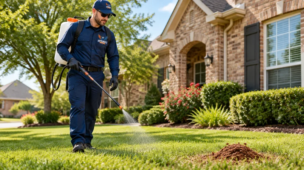 Supremacy Services technician applying professional fire ant treatment to a Dallas-Fort Worth lawn.