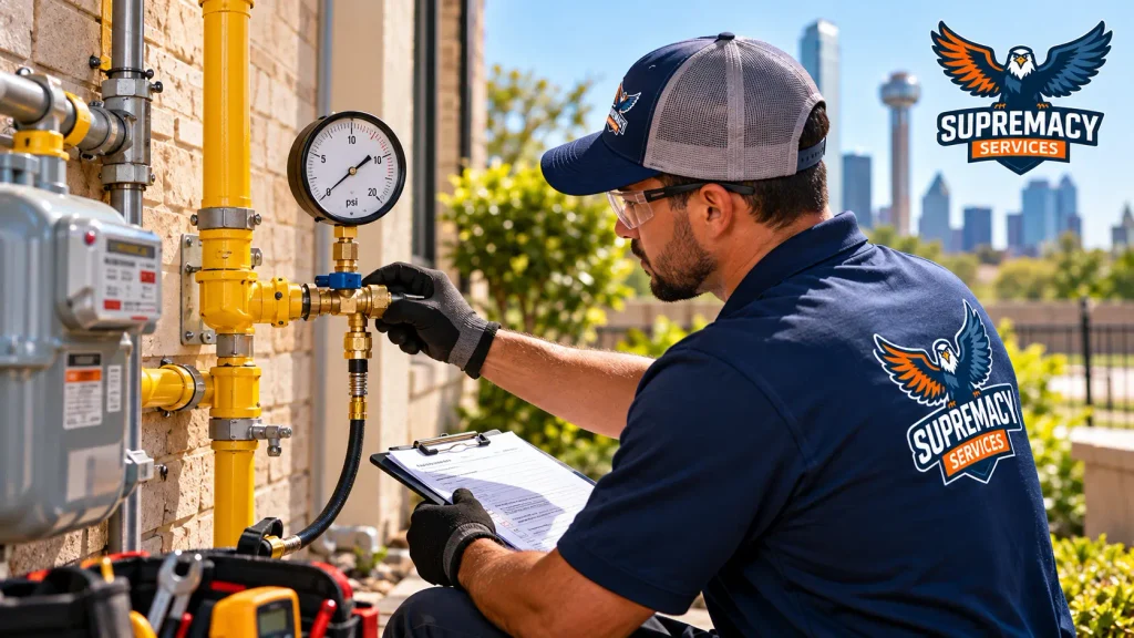 Supremacy Services technician checking a pressure gauge during professional residential gas-piping testing.