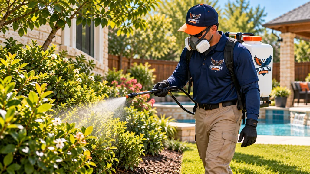 Supremacy Services technician applying targeted mosquito treatment to shaded backyard vegetation