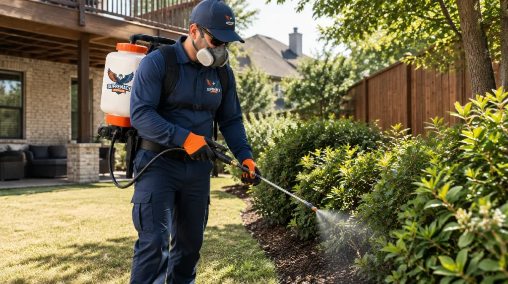 Supremacy Services technician treating shaded landscaping for mosquitoes at a Dallas home
