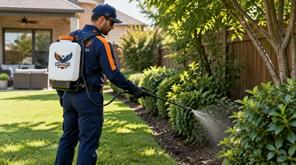 Supremacy Services technician applying mosquito barrier treatment to backyard vegetation