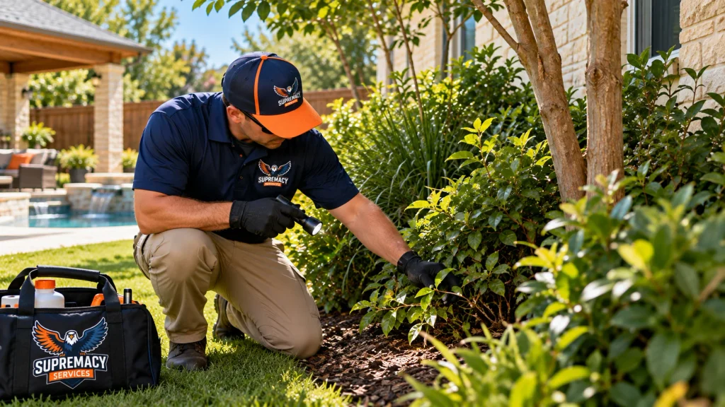 Supremacy Services technician inspecting shaded backyard vegetation for mosquito activity and resting areas