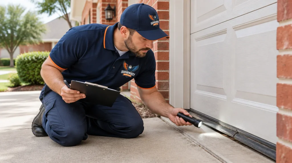 Pest control technician inspecting garage door seals and foundation gaps for potential pest entry points at a Dallas home.