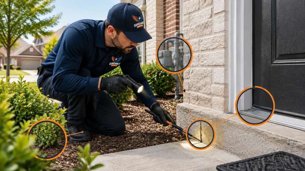 Pest control technician inspecting a Dallas home for pest entry points before treatment