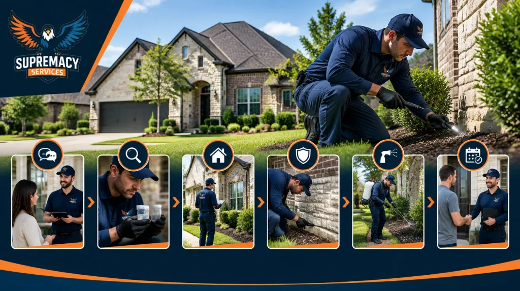 Six-step residential pest control process showing consultation, identification, inspection, treatment, prevention and follow-up.