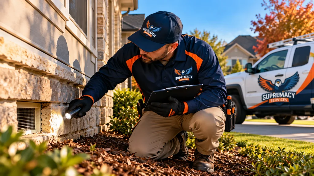 Supremacy Services pest-control technician inspecting the foundation of a North Texas home for pest entry points.