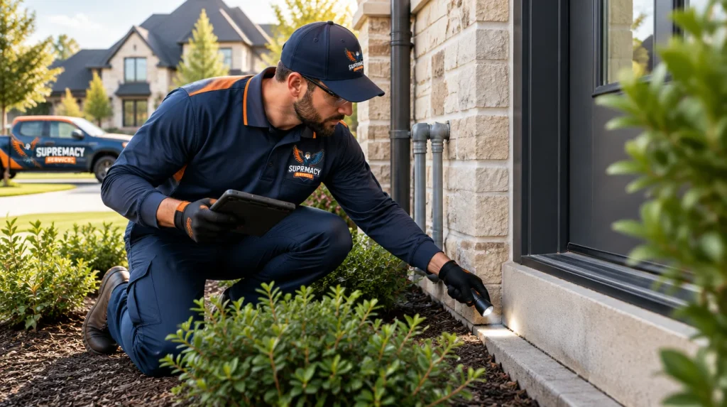 Supremacy Services pest control technician inspecting foundation gaps and pest entry points at a North Texas home.