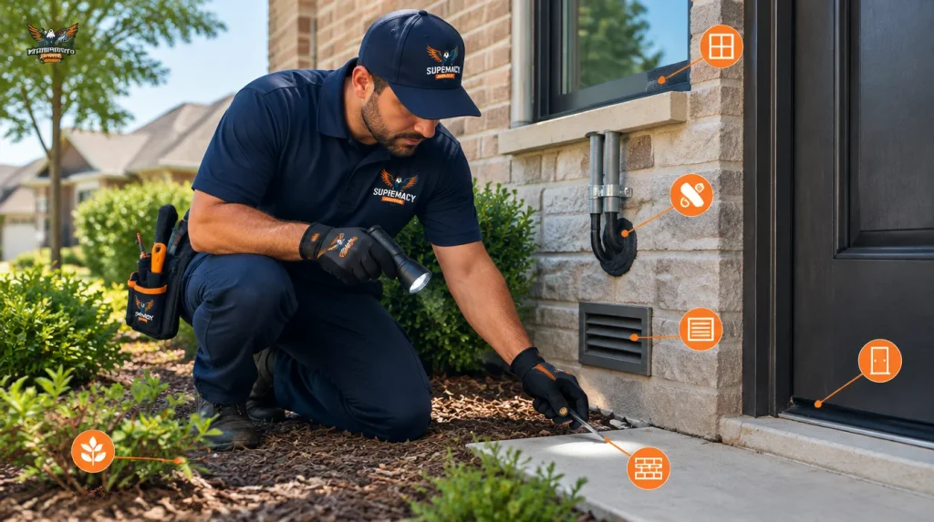 Supremacy Services technician inspecting foundation gaps and pest entry points at a DFW home